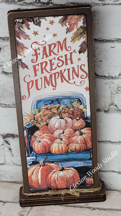 Farm Fresh Pumpkins Blue Truck Vertical Standing Wood Sign