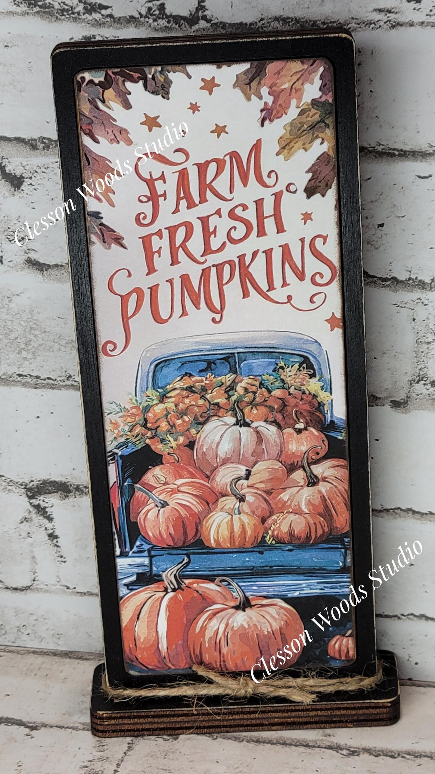 Farm Fresh Pumpkins Blue Truck Vertical Standing Wood Sign