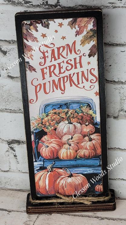Farm Fresh Pumpkins Blue Truck Vertical Standing Wood Sign