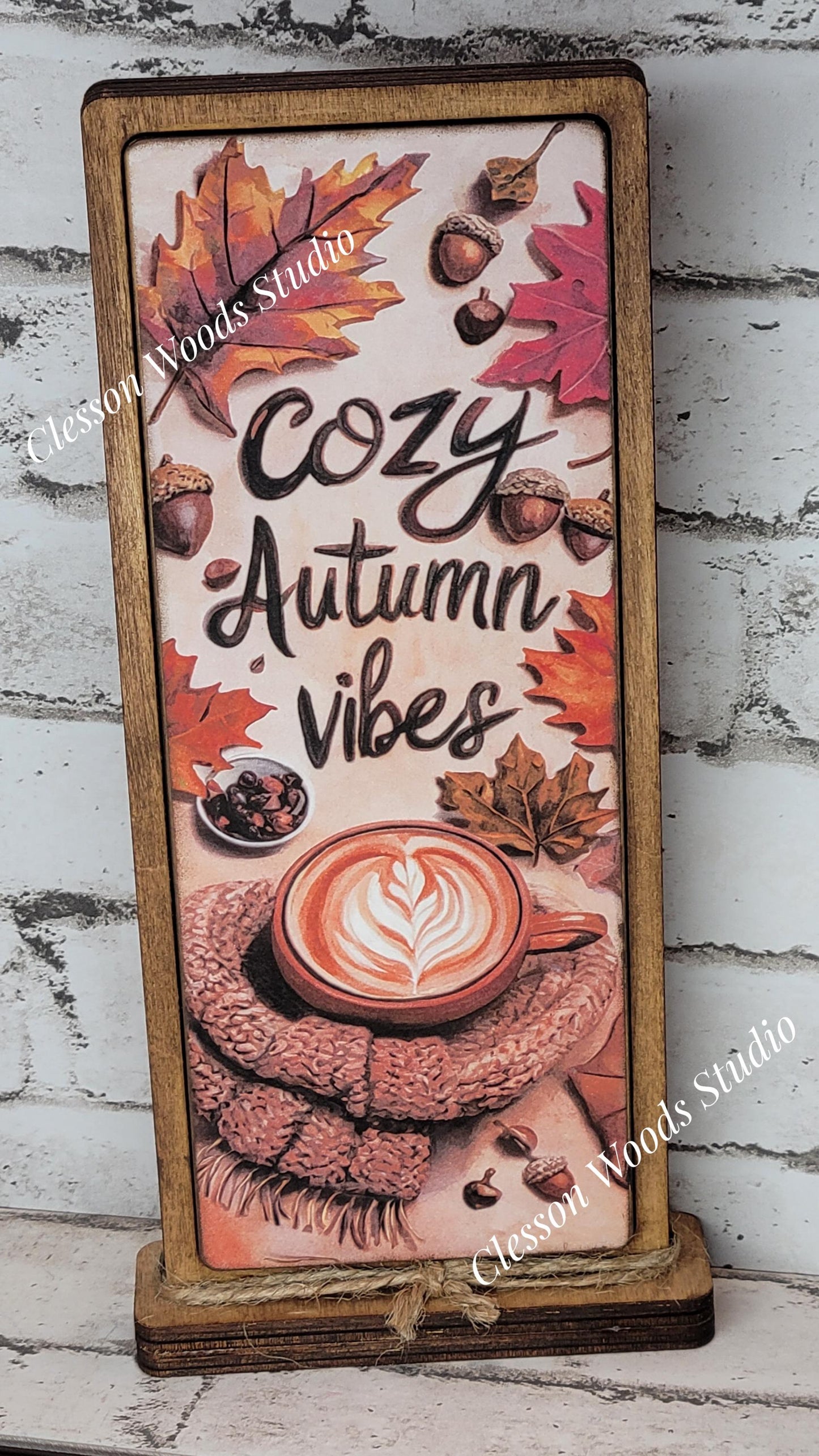 Cozy Autumn Vibes Scarf and Coffee Vertical Standing Wood Sign