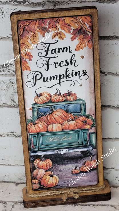 Farm Fresh Pumpkins Teal/Green Truck Vertical Standing Wood Sign