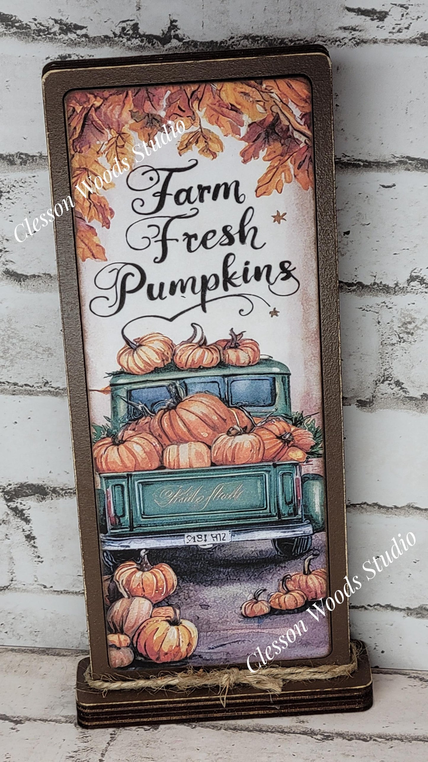 Farm Fresh Pumpkins Teal/Green Truck Vertical Standing Wood Sign