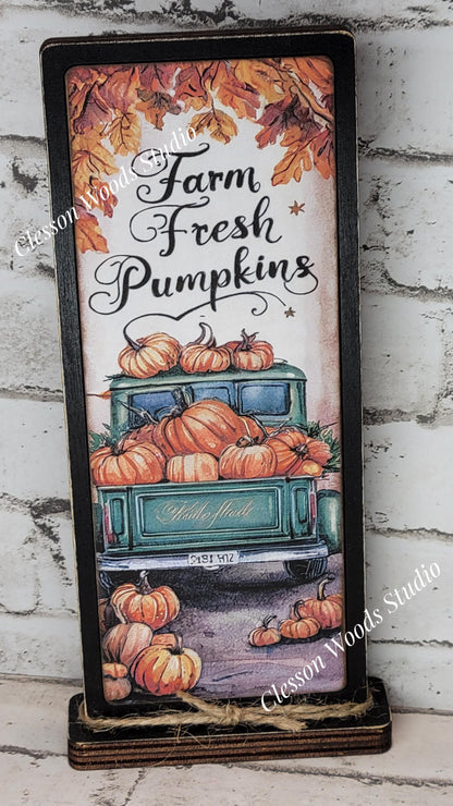 Farm Fresh Pumpkins Teal/Green Truck Vertical Standing Wood Sign