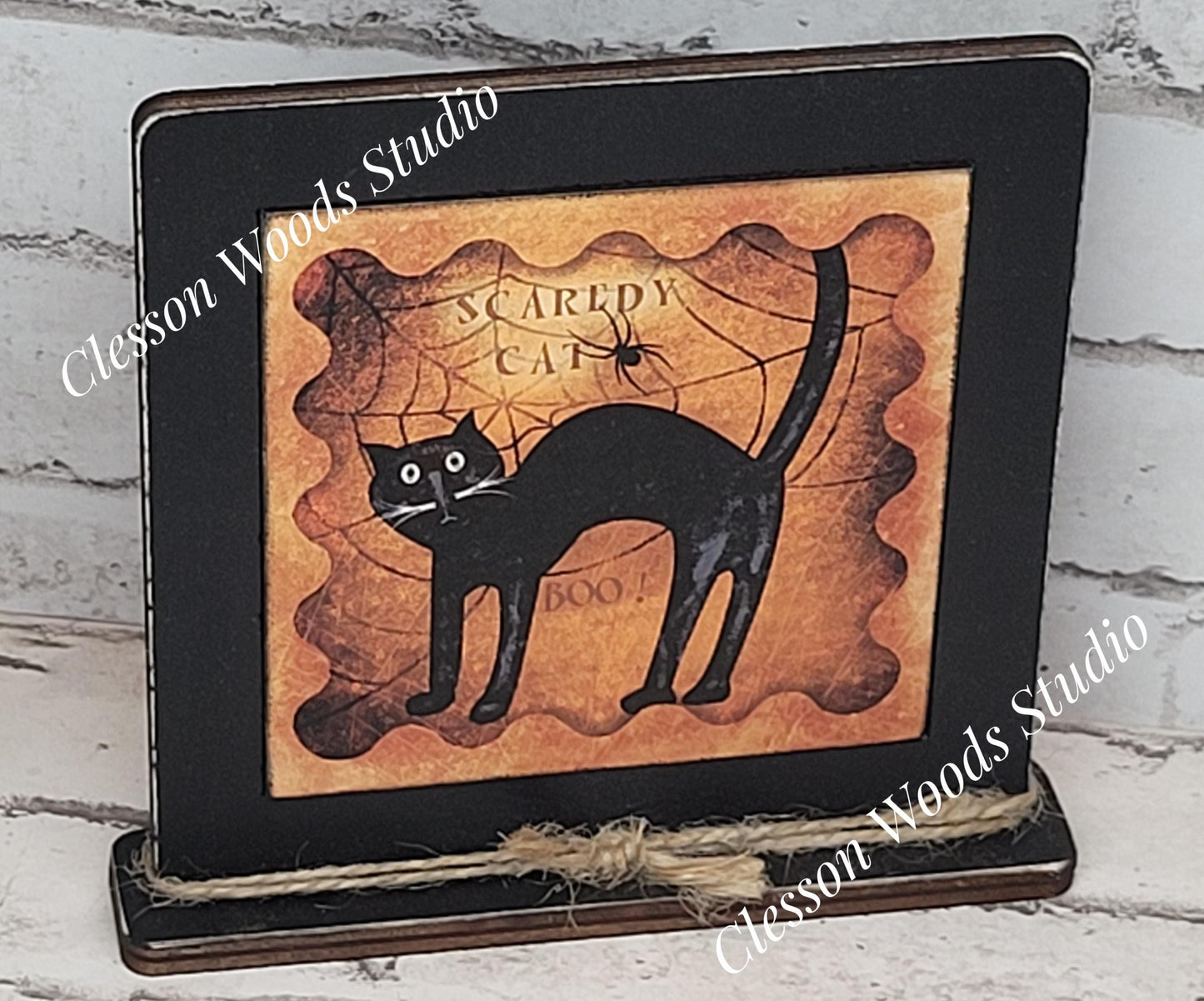 Halloween Scaredy Cat Primitive Framed Wood Sign