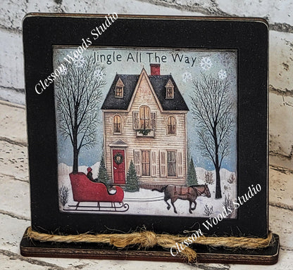 Jingle All The Way House Sleigh Horse Framed Art Wood Sign