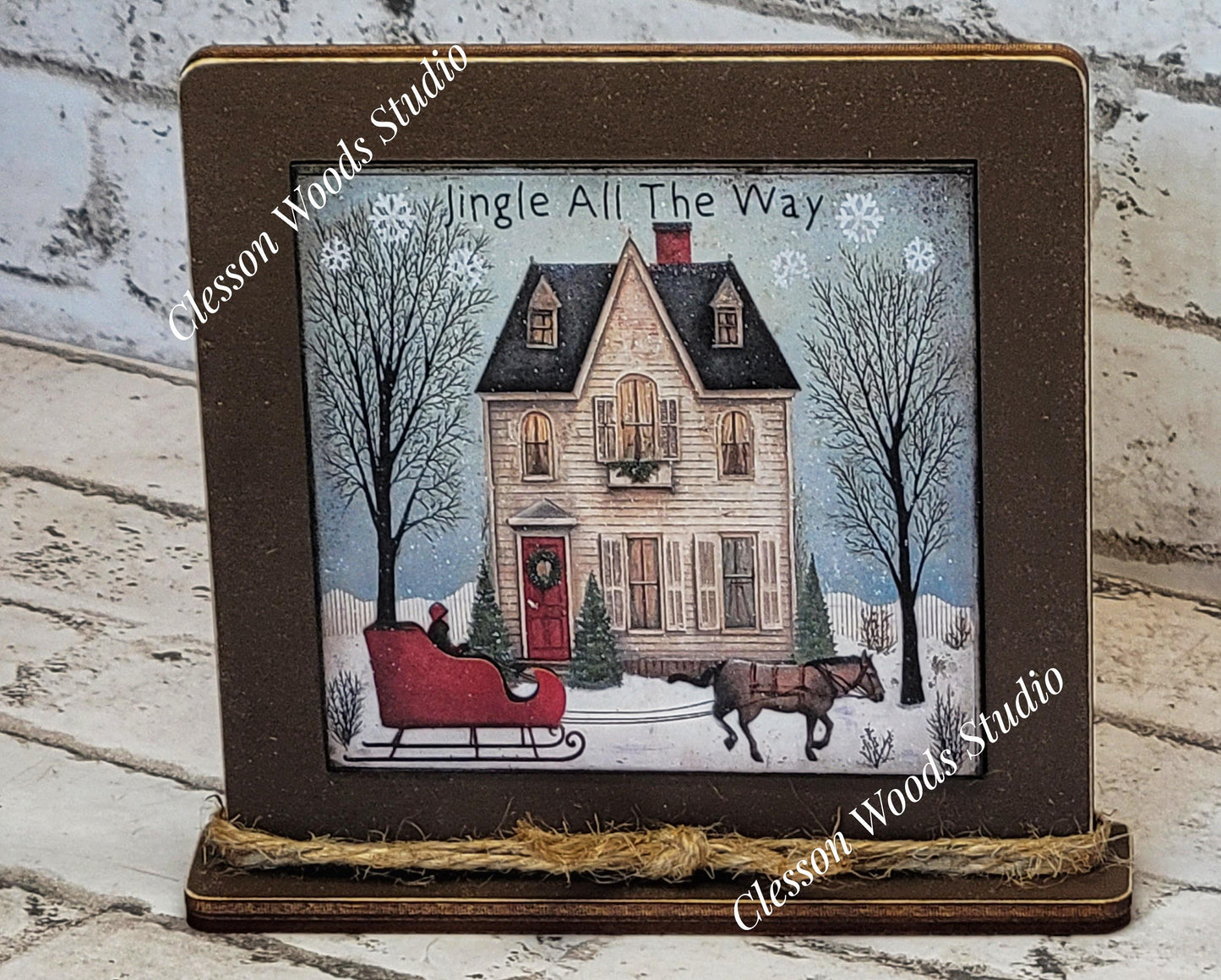 Jingle All The Way House Sleigh Horse Framed Art Wood Sign