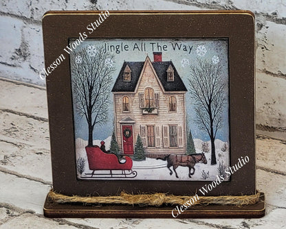 Jingle All The Way House Sleigh Horse Framed Art Wood Sign