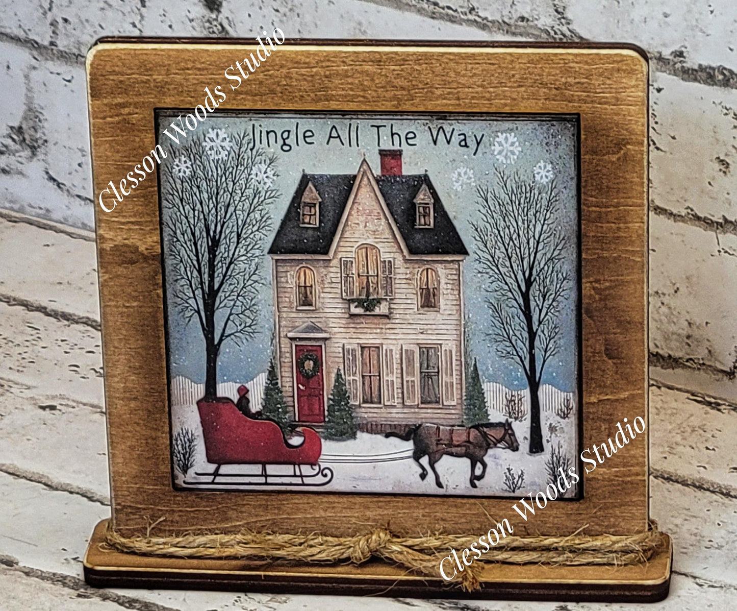 Jingle All The Way House Sleigh Horse Framed Art Wood Sign