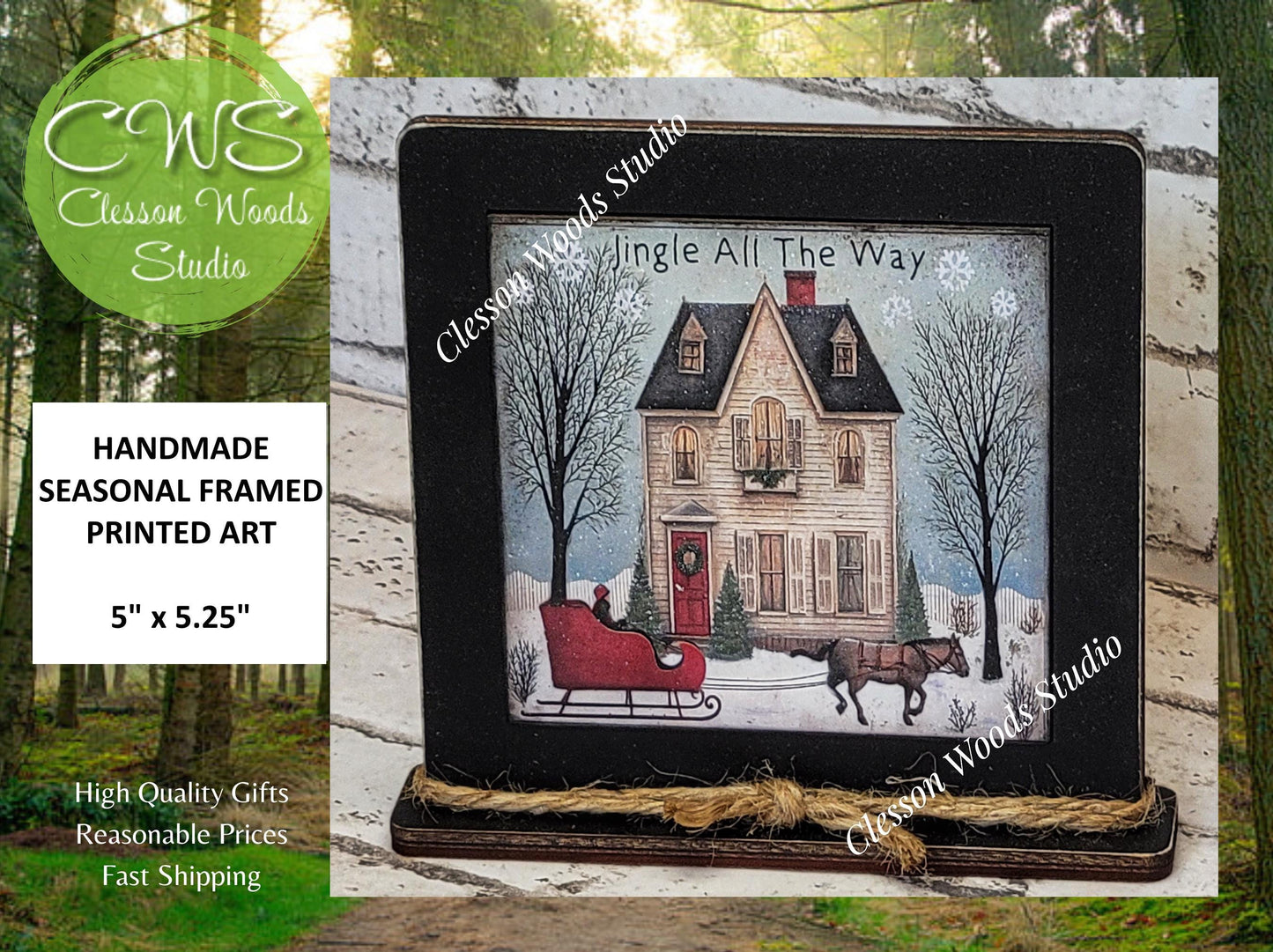 Jingle All The Way House Sleigh Horse Framed Art Wood Sign