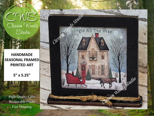 Jingle All The Way House Sleigh Horse Framed Art Wood Sign
