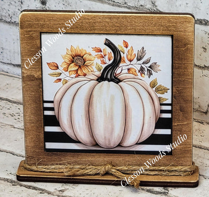 Fall White Pumpkin Framed Art Wood Sign