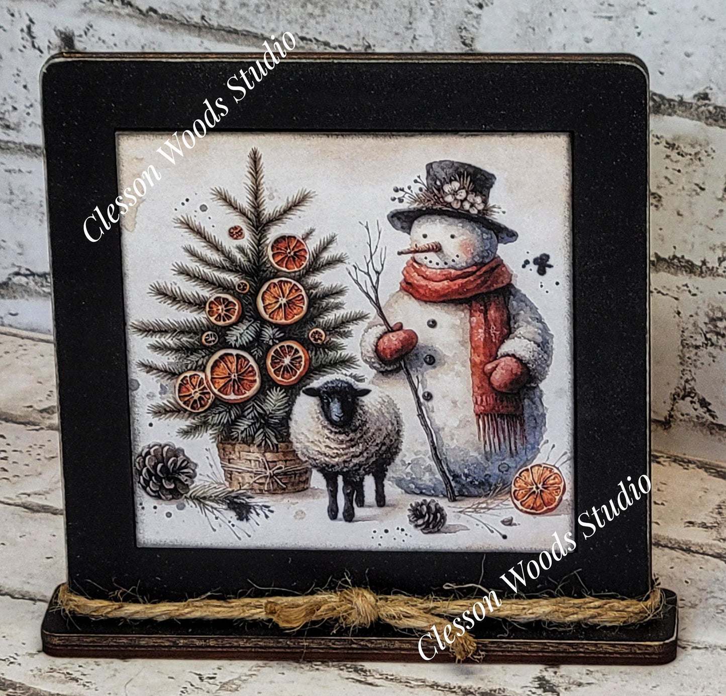 Primitive Snowman Sheep and Tree Framed Art Wood Sign