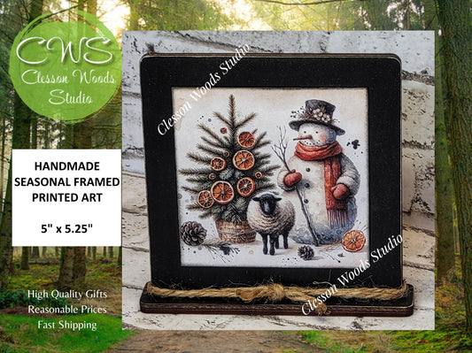 Primitive Snowman Sheep and Tree Framed Art Wood Sign