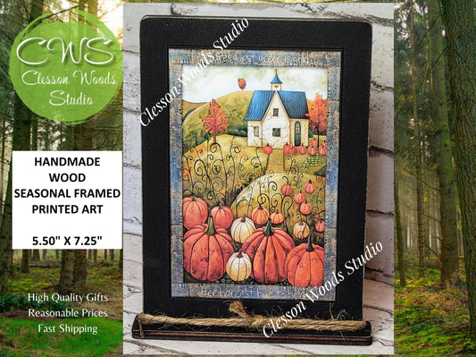 Fall White Cottage Pumpkin Patch Wood Framed Art with Attached Stand
