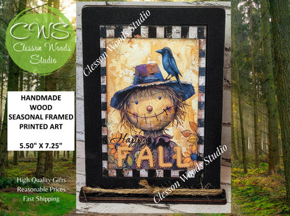 Fall Primitive Whimsical Scarecrow Wood Framed Art with Attached Stand