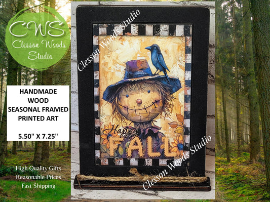 Fall Primitive Whimsical Scarecrow Wood Framed Art with Attached Stand