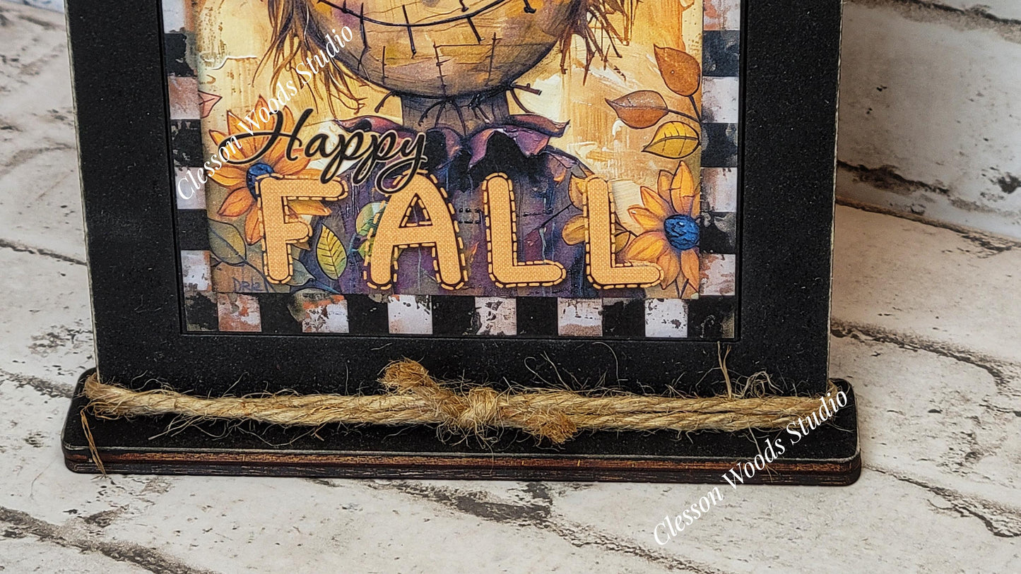 Fall Primitive Whimsical Scarecrow Wood Framed Art with Attached Stand