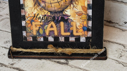 Fall Primitive Whimsical Scarecrow Wood Framed Art with Attached Stand