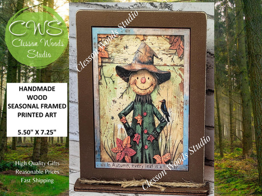Fall Whimsical Scarecrow Wood Framed Art with Attached Stand