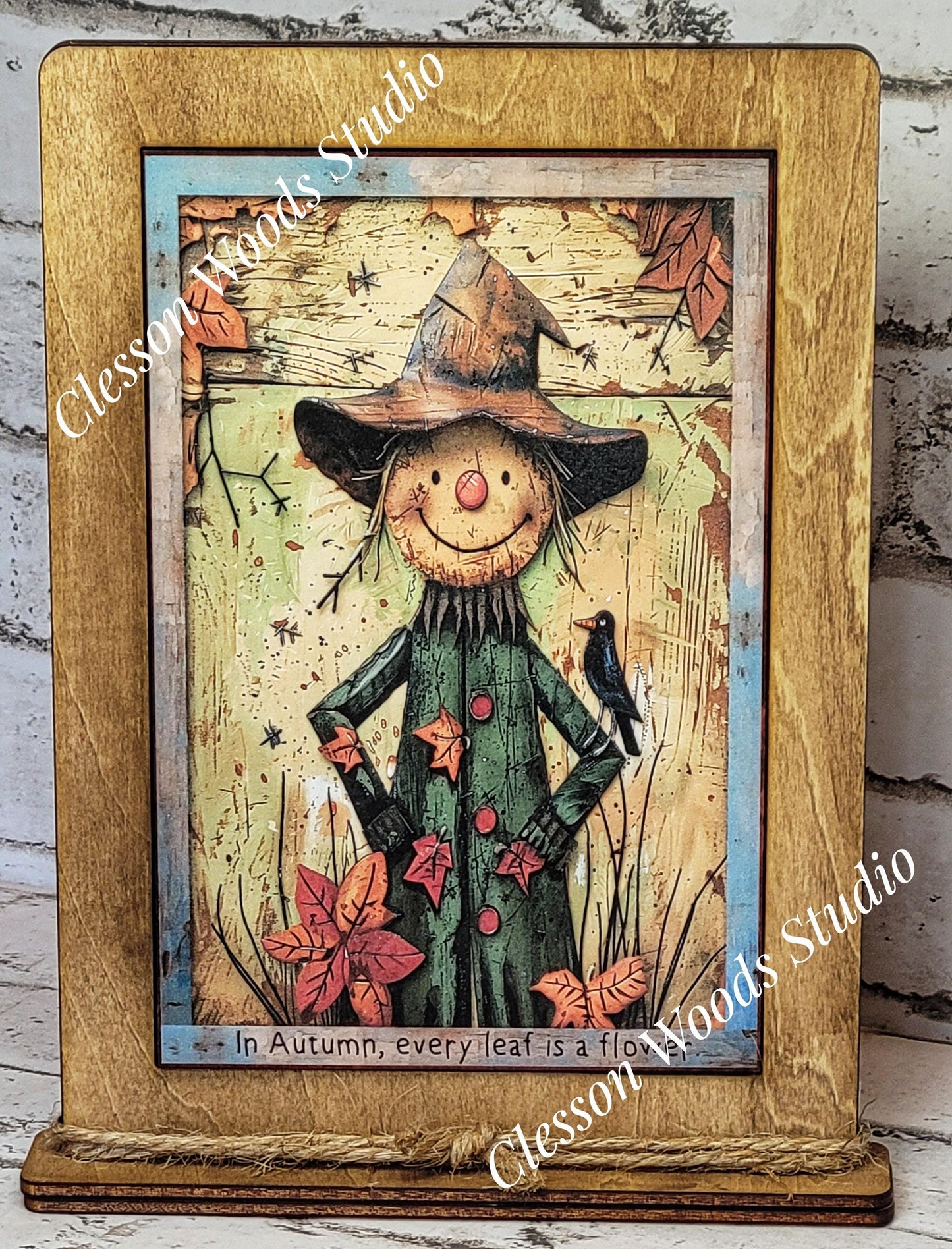 Fall Whimsical Scarecrow Wood Framed Art with Attached Stand