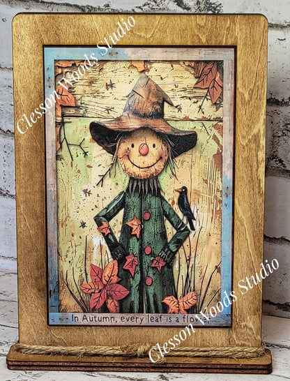Fall Whimsical Scarecrow Wood Framed Art with Attached Stand
