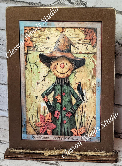 Fall Whimsical Scarecrow Wood Framed Art with Attached Stand