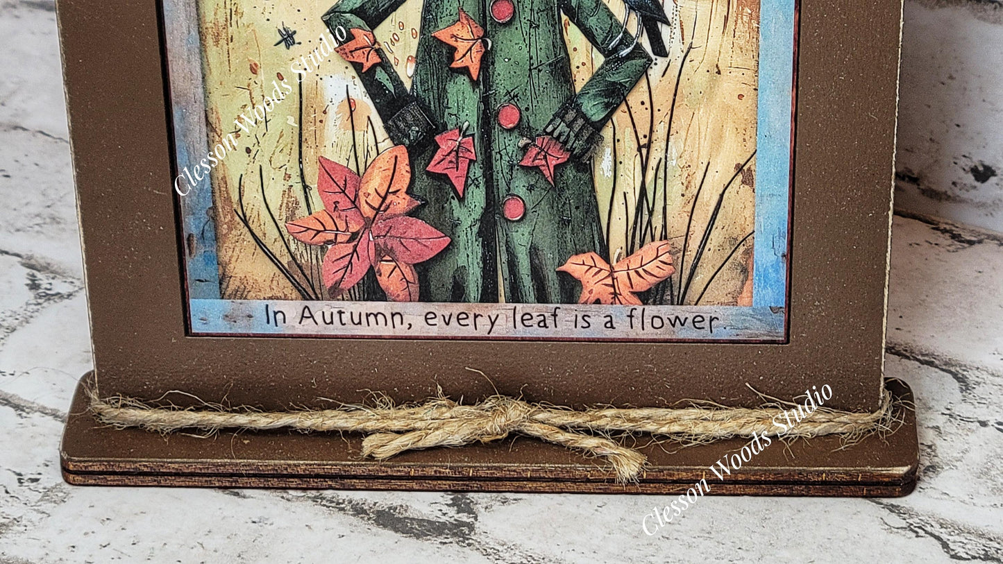 Fall Whimsical Scarecrow Wood Framed Art with Attached Stand