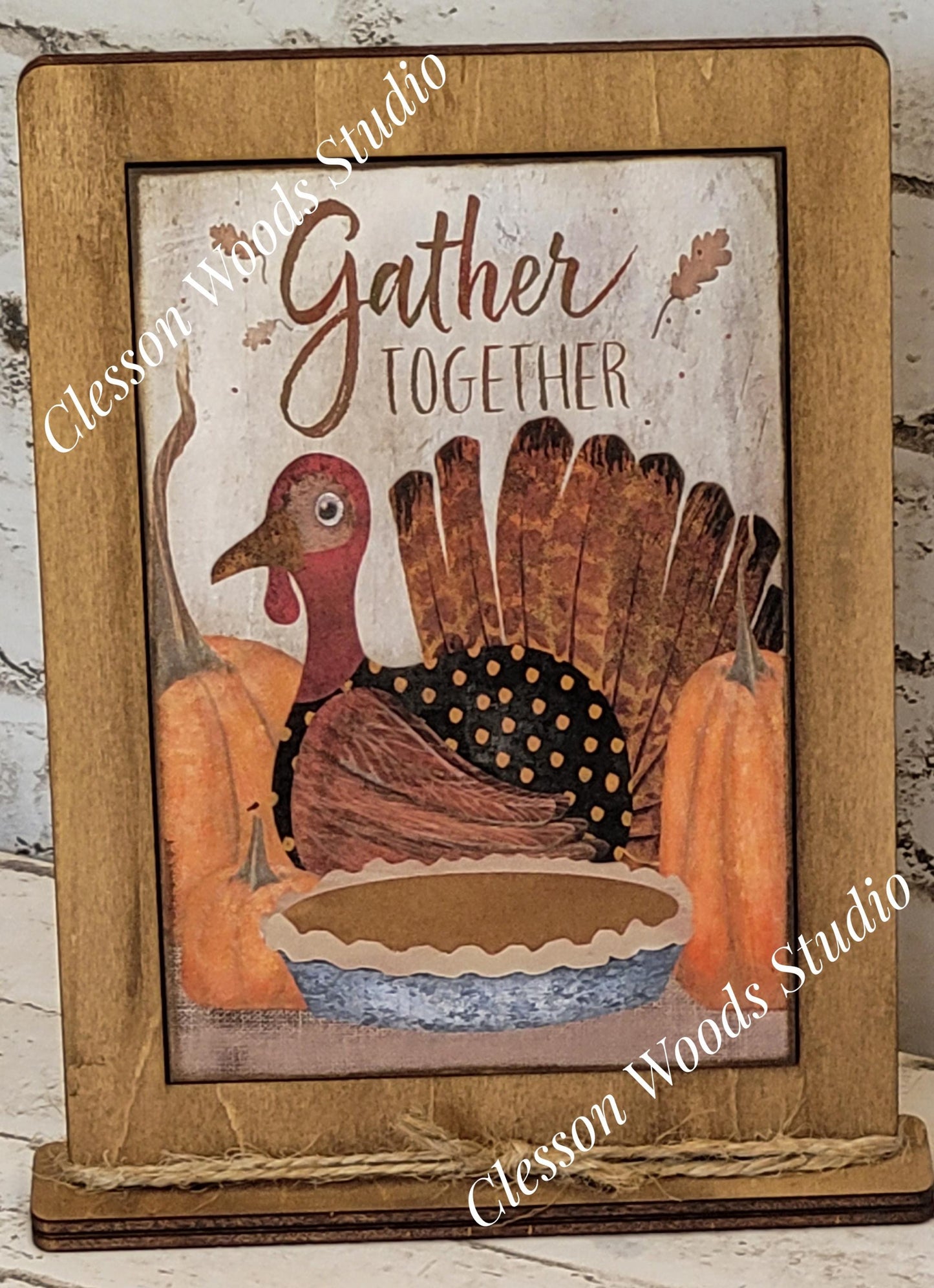 Thanksgiving Gather Together Turkey Wood Framed Art with Attached Stand