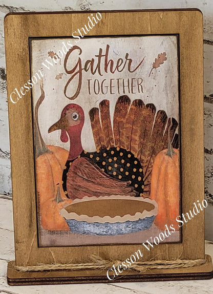 Thanksgiving Gather Together Turkey Wood Framed Art with Attached Stand
