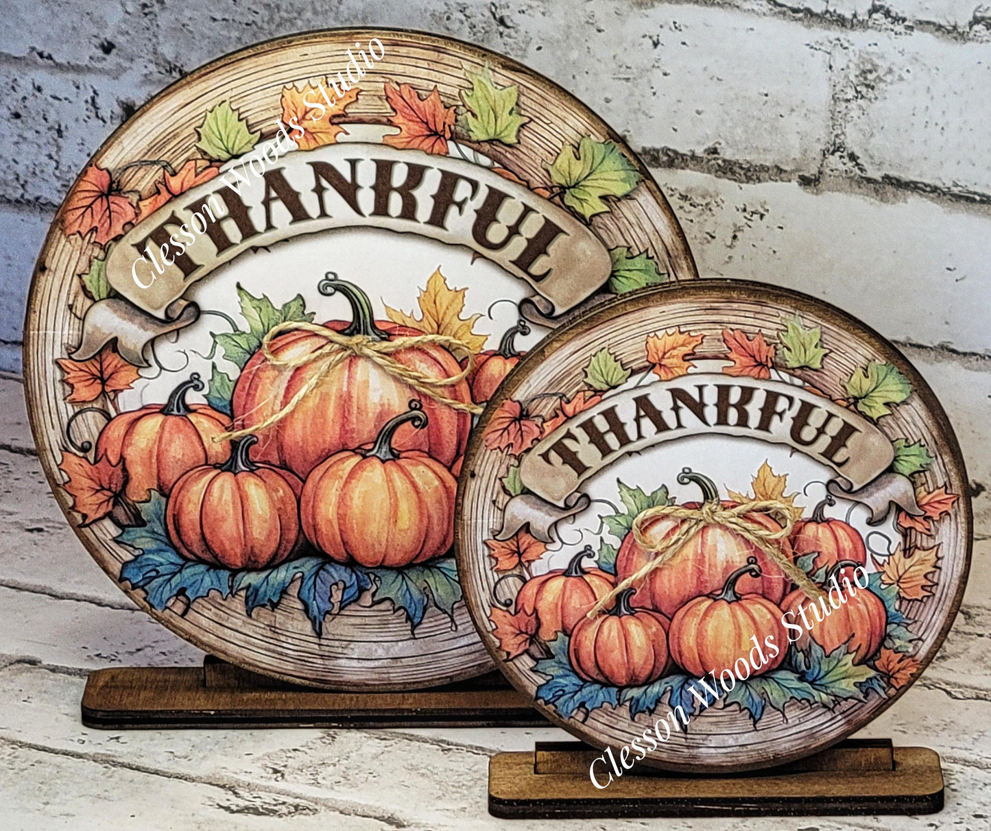 Thankful Pumpkins Fall Seasonal Round Wood Shelf Sitter 6" or 4.25"
