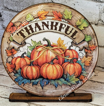 Thankful Pumpkins Fall Seasonal Round Wood Shelf Sitter 6" or 4.25"