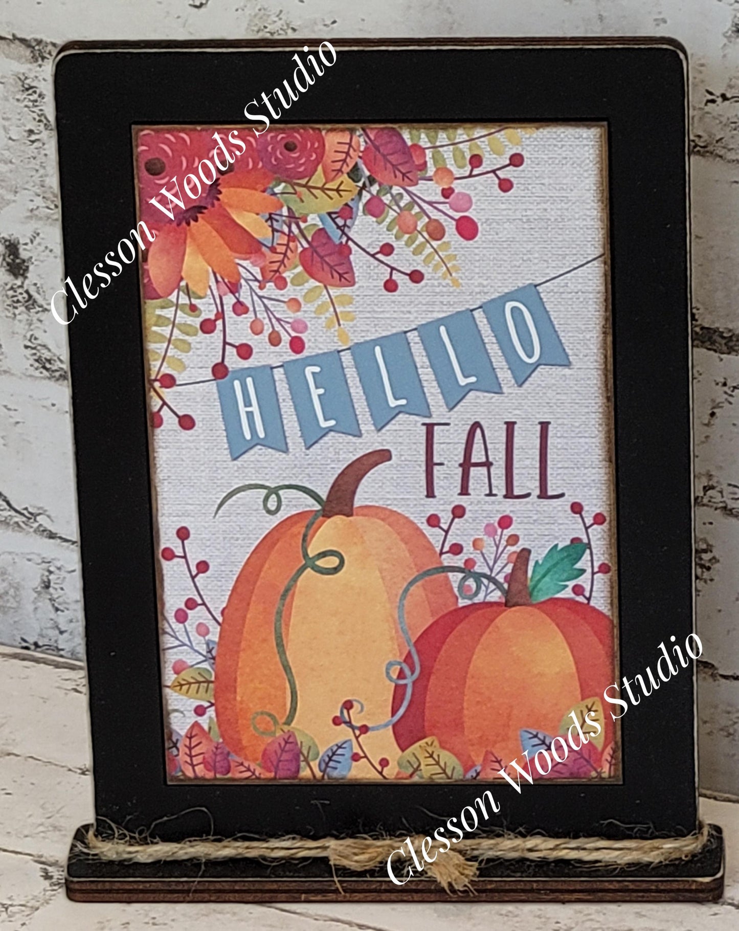 Hello Fall Bright Pumpkins Framed Art with Attached Stand