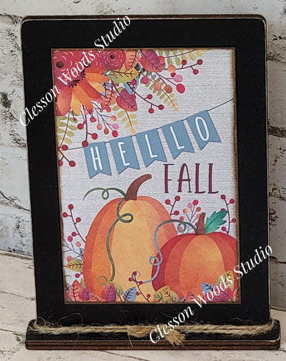 Hello Fall Bright Pumpkins Framed Art with Attached Stand