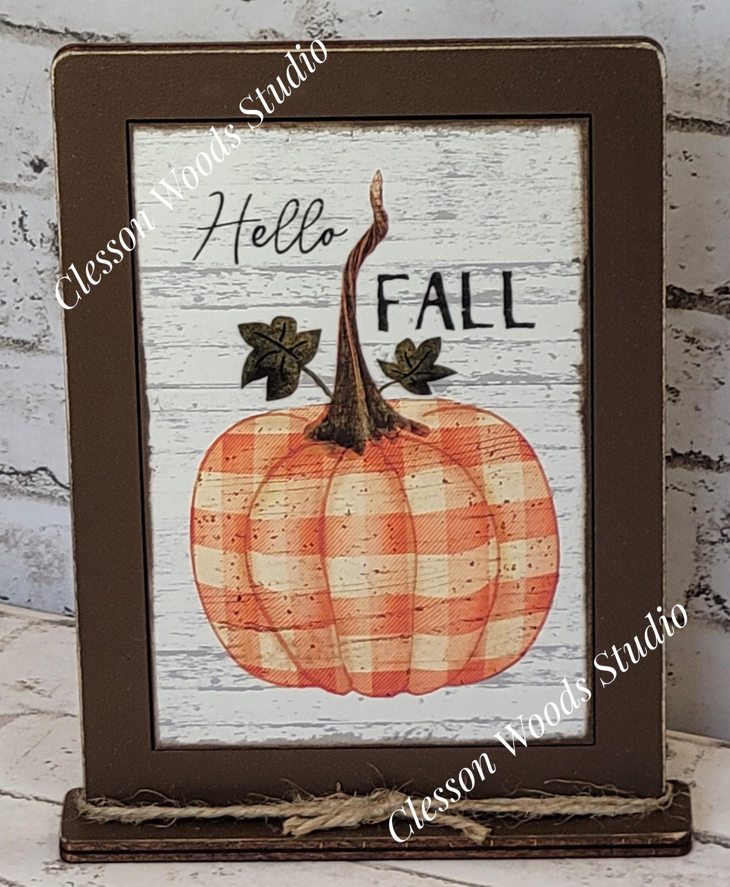 Hello Fall Plaid Pumpkin Framed Art with Attached Stand