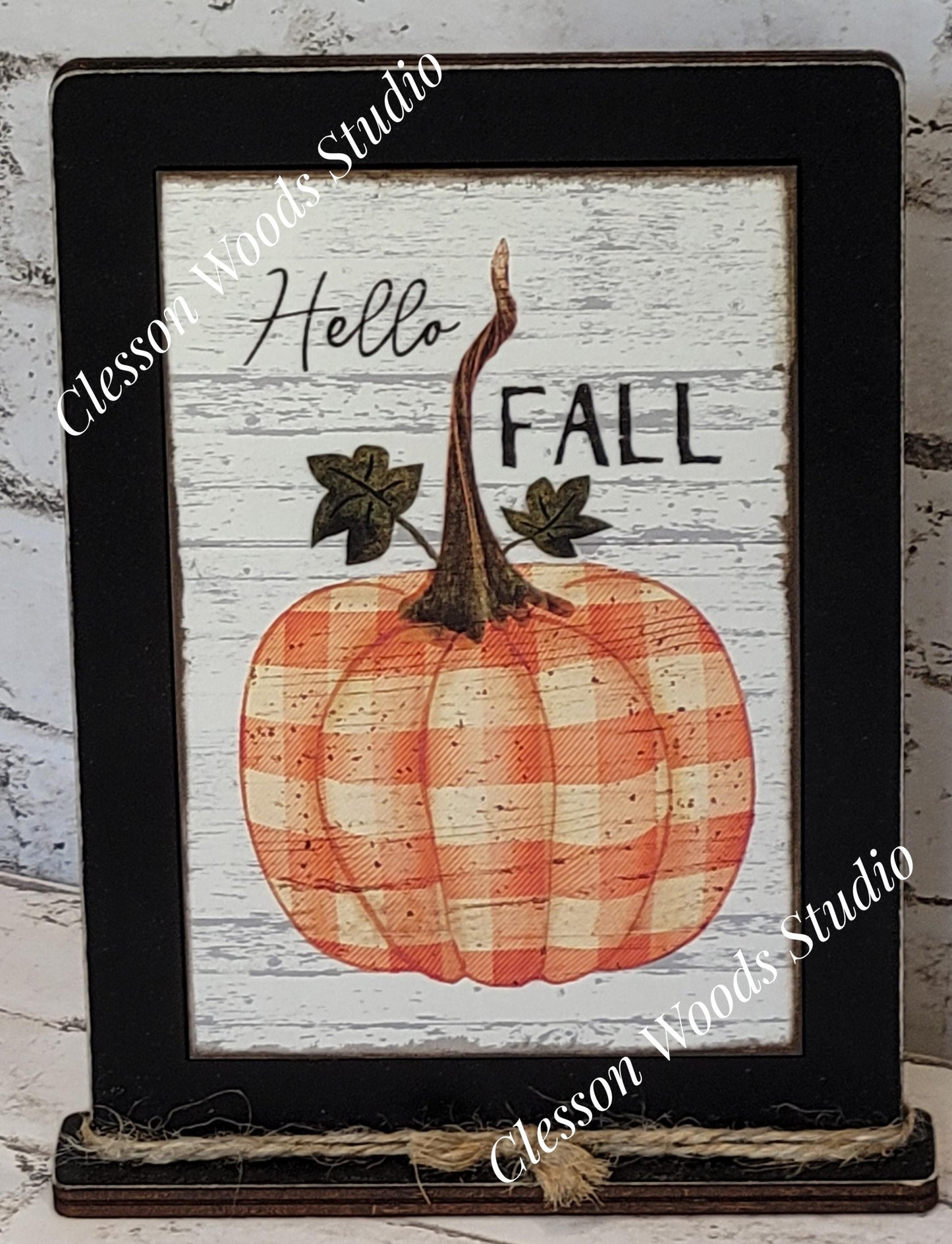 Hello Fall Plaid Pumpkin Framed Art with Attached Stand