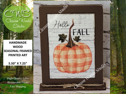 Hello Fall Plaid Pumpkin Framed Art with Attached Stand