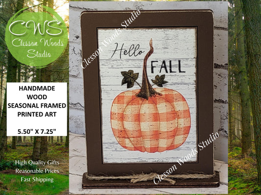 Hello Fall Plaid Pumpkin Framed Art with Attached Stand