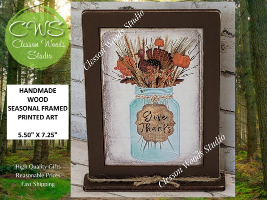 Give Thanks Turkey Mason Jar Framed Art with Attached Stand