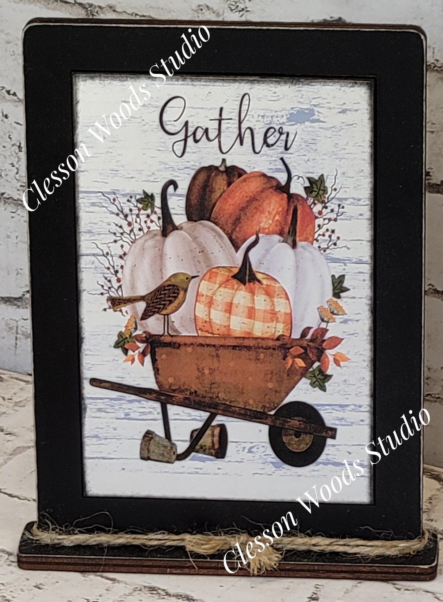 Gather Wheelbarrow of Pumpkins Framed Art with Attached Stand