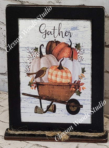 Gather Wheelbarrow of Pumpkins Framed Art with Attached Stand