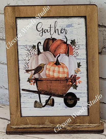 Gather Wheelbarrow of Pumpkins Framed Art with Attached Stand