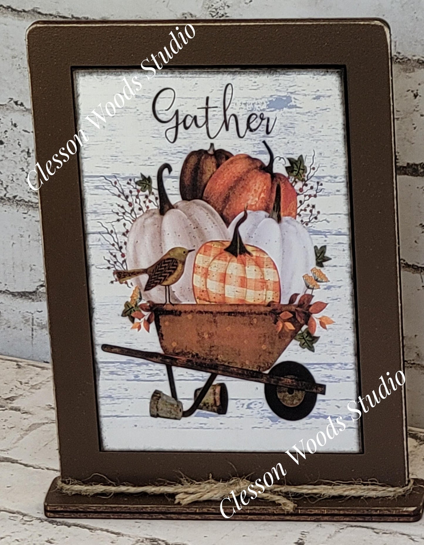Gather Wheelbarrow of Pumpkins Framed Art with Attached Stand