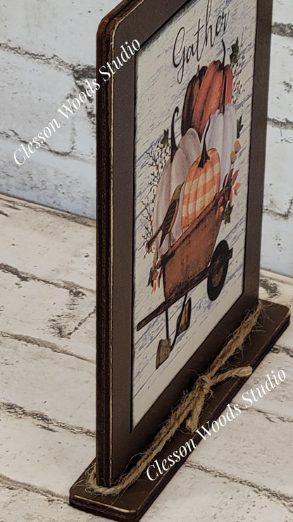 Gather Wheelbarrow of Pumpkins Framed Art with Attached Stand