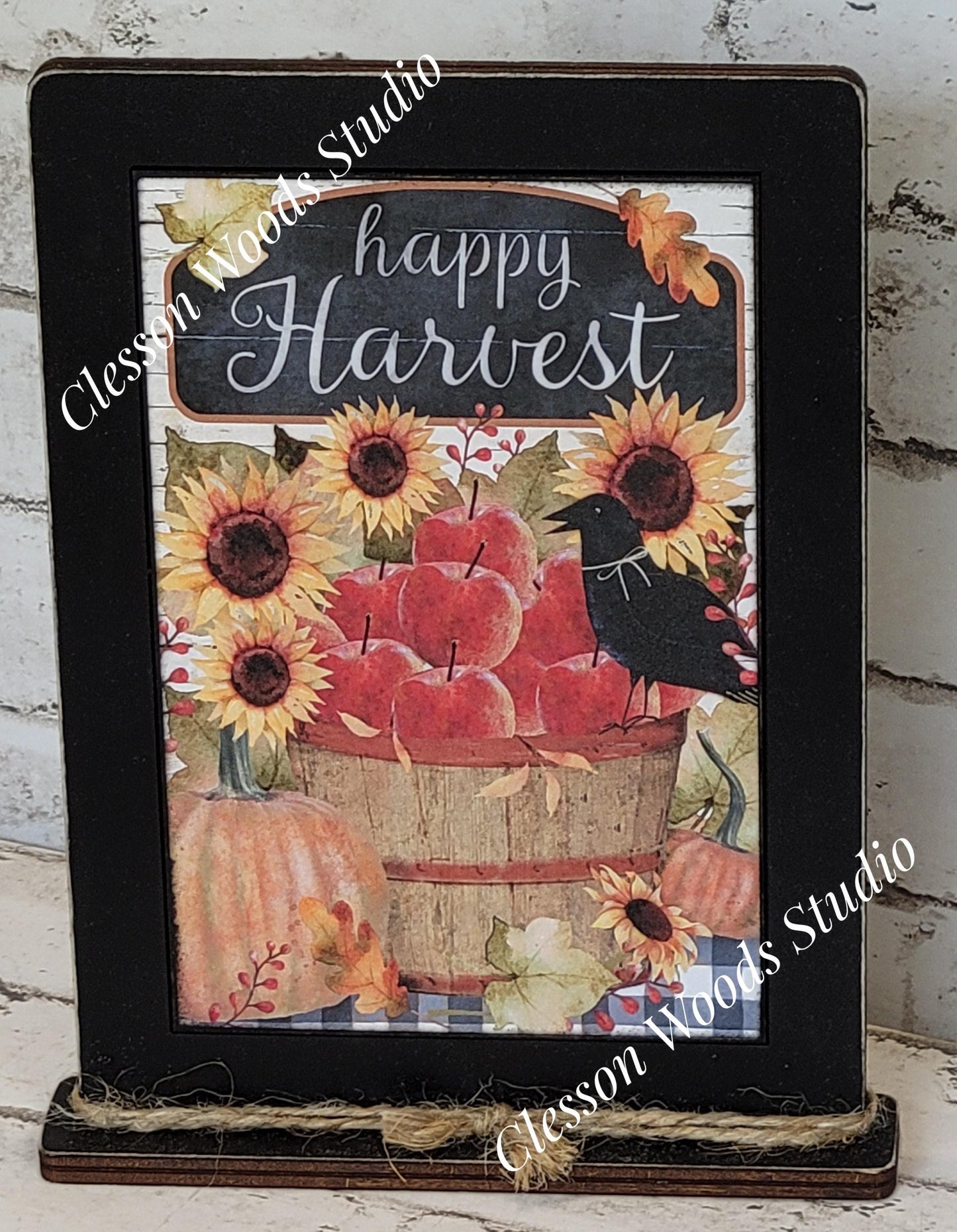 Happy Harvest Apples Sunflowers Crow and Pumpkins Framed Art with Attached Stand