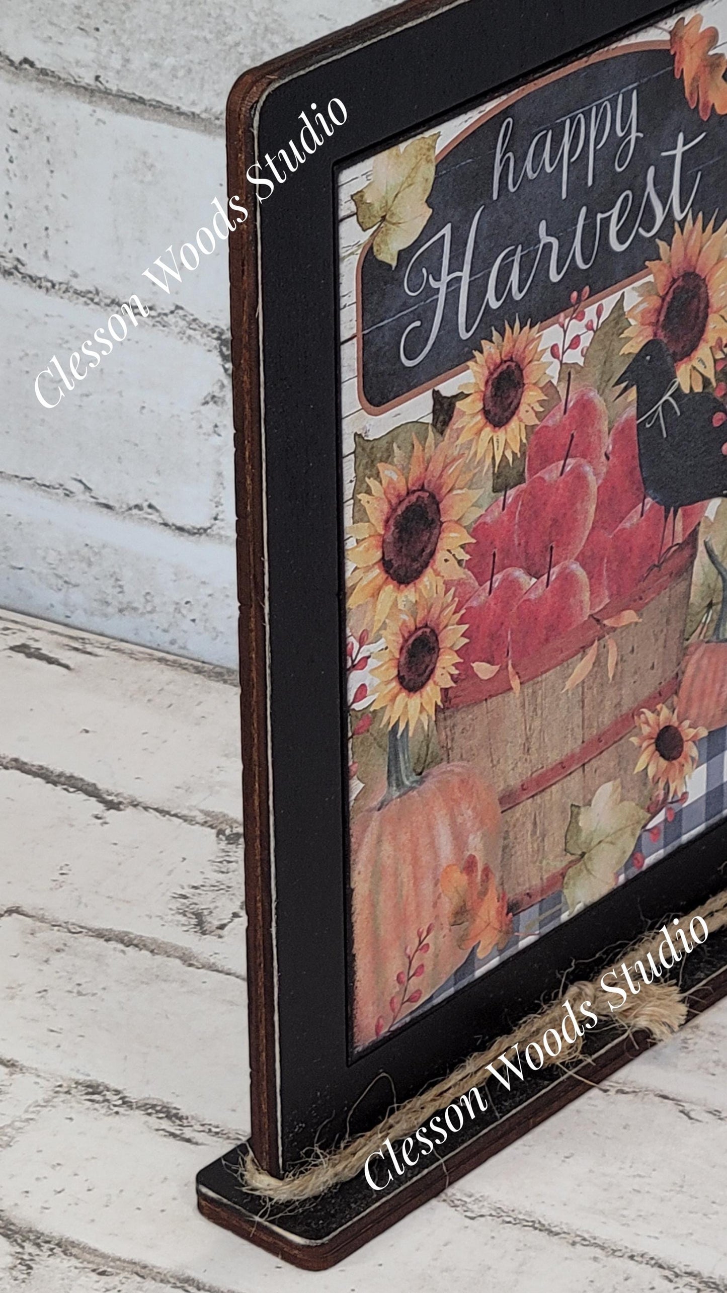 Happy Harvest Apples Sunflowers Crow and Pumpkins Framed Art with Attached Stand