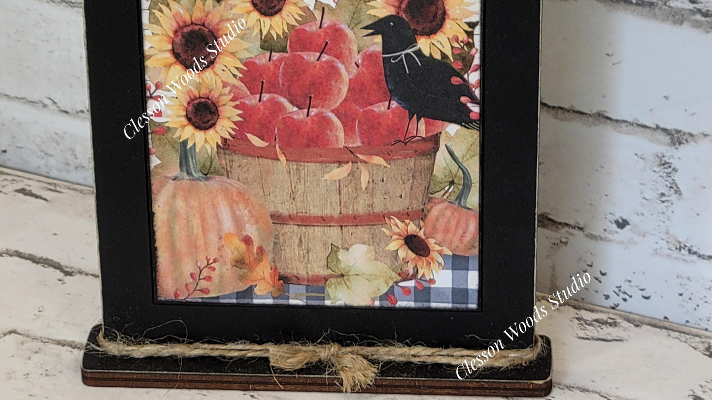 Happy Harvest Apples Sunflowers Crow and Pumpkins Framed Art with Attached Stand
