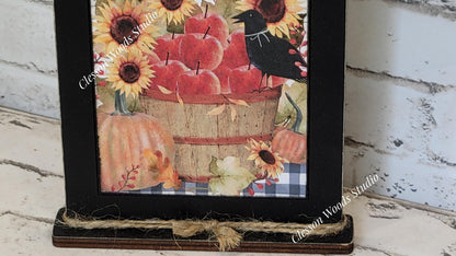 Happy Harvest Apples Sunflowers Crow and Pumpkins Framed Art with Attached Stand