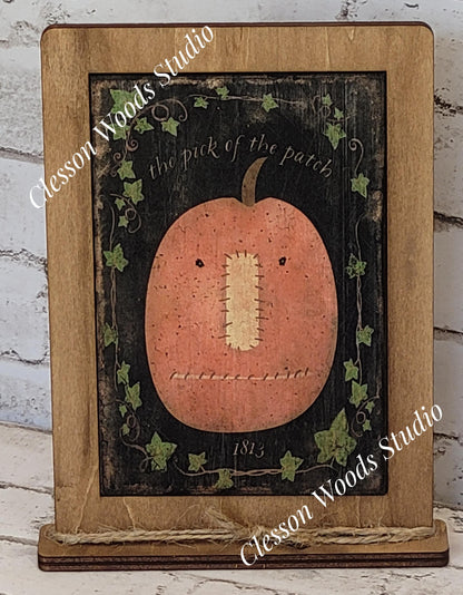 Fall The Pick of the Patch Primitive Pumpkin Framed Art with Attached Stand