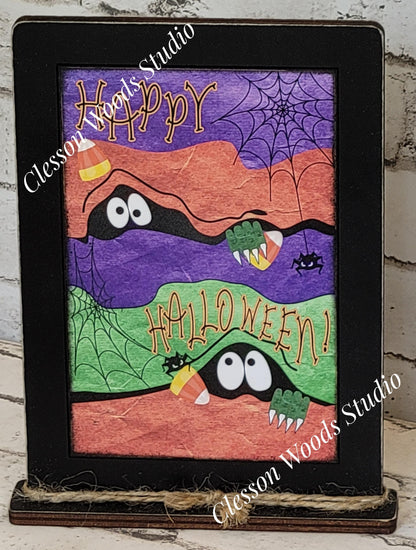 Happy Halloween Spooky Eyes Framed Art with Attached Stand