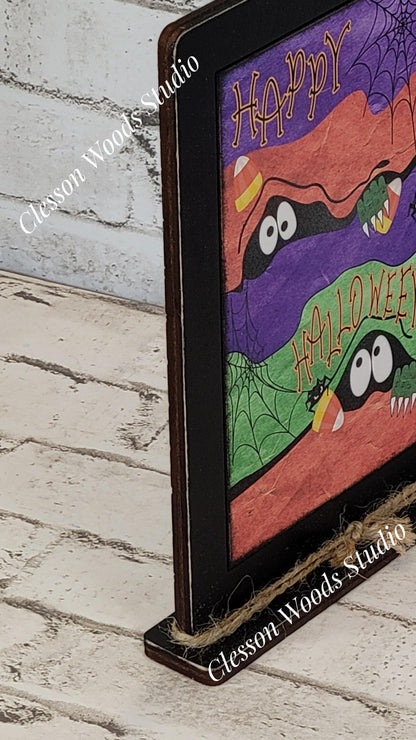 Happy Halloween Spooky Eyes Framed Art with Attached Stand